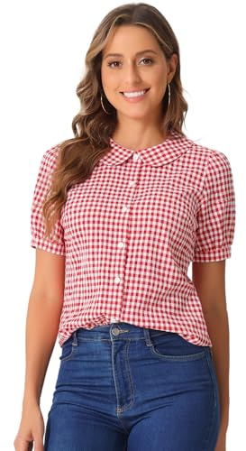 Allegra K Women Peter Pan Collar Plaid Puff Short Sleeve Blouses Red