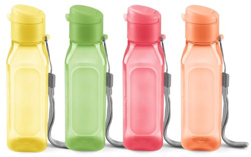 MILTON Set di 4 bottiglie d'acqua sportive quadrate da 283,5 g, ideali per succhi di latte, frullati, in plastica, a bocca larga, riutilizzabili, a prova di perdite, per borse scolastiche, scatole per