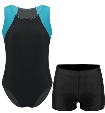 Yhong Kinder Jungen Turnanzug Sport Ärmellos Bodysuit mit Turnen Shorts Yoga Training Sportwear Ballettanzug Eiskunstlaufen Gymnastikanzug Blau Grün & Schwarz 110-116