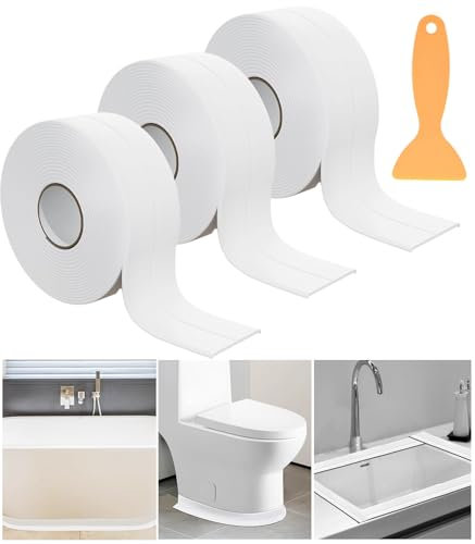 Tira selladora de baño, 3 rollos de cinta adhesiva autoadhesiva, sellador de baño blanco impermeable, cinta selladora para inodoro, bañera, ducha, esquina de pared, cocina con herramienta de sellado