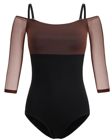 HROYL Mujer Maillot de Danza Fuera del Hombro con Paneles de Malla Leotardo de Ballet con Mangas 3/4, 7326-S