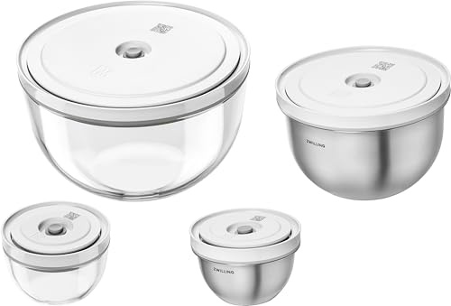 ZWILLING Fresh & Save BOWLS - Set di 8 ciotole sottovuoto in vetro/acciaio INOX, S-12 cm, M-18 cm, lunghezza 24 cm, colore: Argento/Bianco
