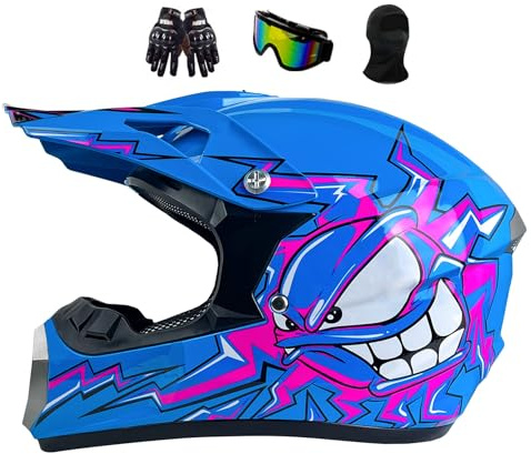 Casque Moto Enfant 7-14, Motocross Cycliste Pour Garçon Et Fille, Casque Moto Cross Pour Les Adolescents Homme Protection Enduro Integral VTT, Avec Goggle Gants Masque(Blue,L(56-57CM))