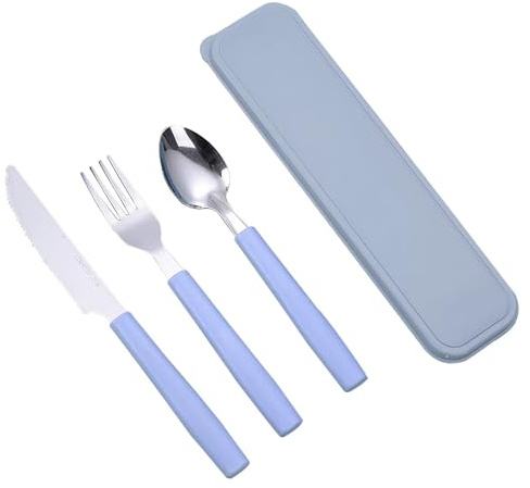 Posate da campeggio, 3 pezzi, in acciaio inox, con astuccio, set di posate da viaggio, riutilizzabili, per attività all'aperto, viaggi, lavoro, scuola, lavabili in lavastoviglie, blu