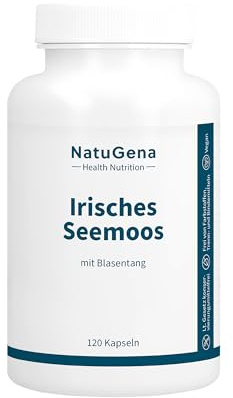 NatuGena Irisches Seemoos - 4500 mg mit Blasentang - 700 mg, pflanzliche Meeresalgen-Formel aus 2 hochwertige Extrakte Chondrus crispus & Fucus vesiculosus, vegan, 120 Kapseln (4 Monats Packung)