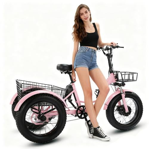 flatpincololee Triciclo Eléctrico Adulto 20x4.0 Todo Terreno – Motor 500W, Batería Extraíble 48V 13Ah, Amortiguador, Luz LED, Gran Cesta de Carga, E-Bike de Tres Ruedas Pink