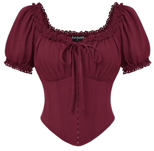SCARLET DARKNESS Women's Summer Crop Top Off Shoulder Renaissance Corset Tops Short Sleeve Medieval Pirate Blouses