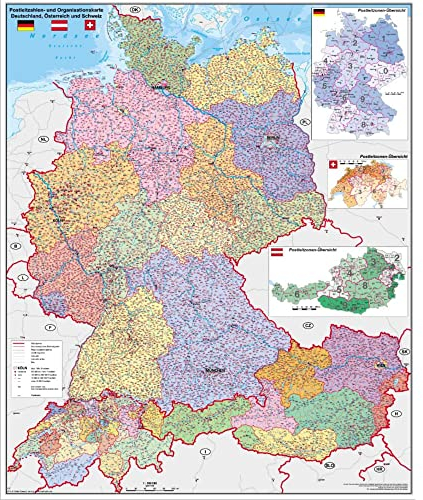 Deutschland-Österreich-Schweiz Postleitzahlen- und Organisationskarte: Wandkarte/Poster NEUE AUFLAGE