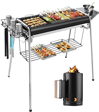 PJDDP Griglia Barbecue a Carbone Portatile e Ciminiera di Accensione per Griglia a Carbone, BBQ a Carbonella per Outdoor BBQ, Picnic, Giardini, Campeggio e Feste, Regolabile in Altezza