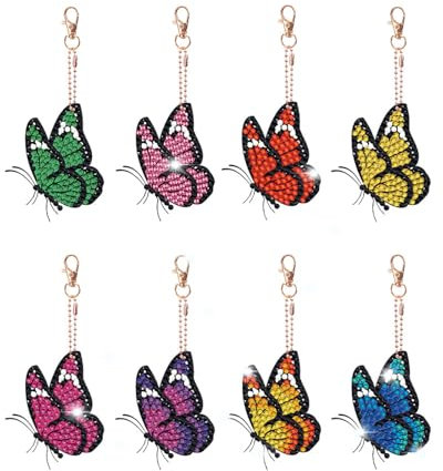 8 Pieces Butterflies Diamond Painting Keyring Kits, DIY Double Sided Butterfly Diamond Art Keyring Set, 5D Diamond Art Painting Keychains, Mosaic Diamond Keychain Butterflies with DIY Tools (A1)
