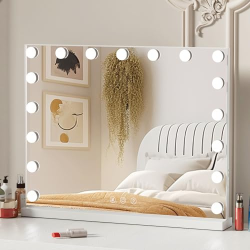 Buildonely Hollywood Sminkspegel 70x55 cm, Spegel met 14 Justerbara LED-lampor, 3 Ljusstyrkelägen, Intelligenta Minnefunktion, Touch Control, USB och Type C Laddare, Väggmontering, Vit