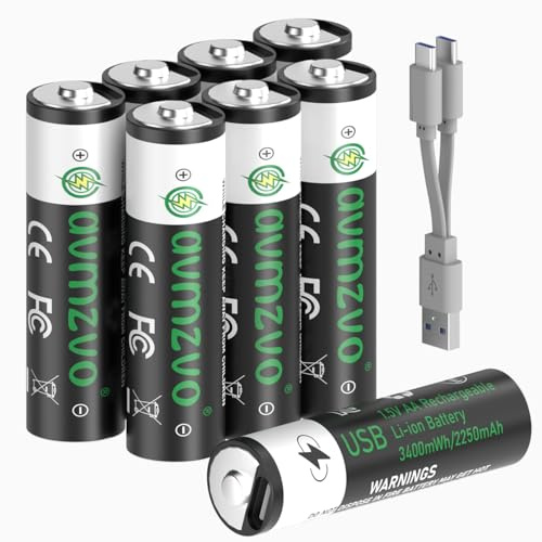 avmzvo AA-batterier, 1,5 V, 3 400 mWh, uppladdningsbart USB-C litiumbatteri med 2-i-1 USB-C laddkabel, 2–3 timmar snabb laddning, 8 stycken