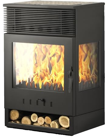 EIDER BIOMASA - Estufa de Leña Tokio Ventilada Visión con Horno - 14,99 kW - 97x52x61 cm - Triple Visión del Fuego - Calienta hasta 290 m³ - Clase A