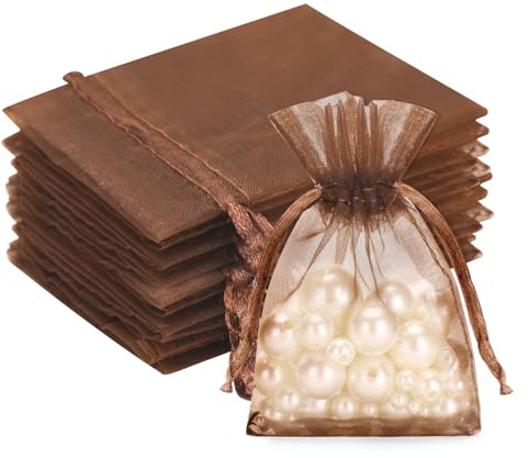 G2PLUS Dark Brown Organza Gift Pouches, 7x9 CM Small Organza Favour Bags, 50 PCS Wedding Jewelry Bags, Clear Mesh Pouches Perfect for Wedding, Christmas, Birthday, Anniversary