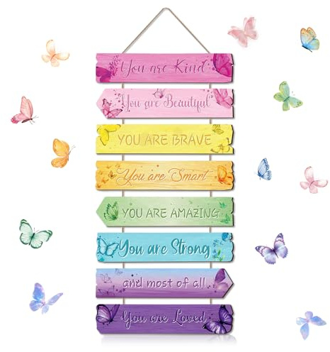 Prmape Decorazione da Parete con Frase Motivazionale, Targa Decorativa Da Parete Ispiratrice in Legno, Colorata Color Cartello Farfalla per Decorazione da Cameretta Ragazza