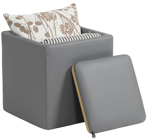 HOMCOM Sitzhocker mit Stauraum Hocker mit Deckel, Quadratischer Fußhocker Sitzwürfel Aufbewahrungsbox Polsterhocker Couchtisch Kunstleder 40 x 40 x 40 cm Grau