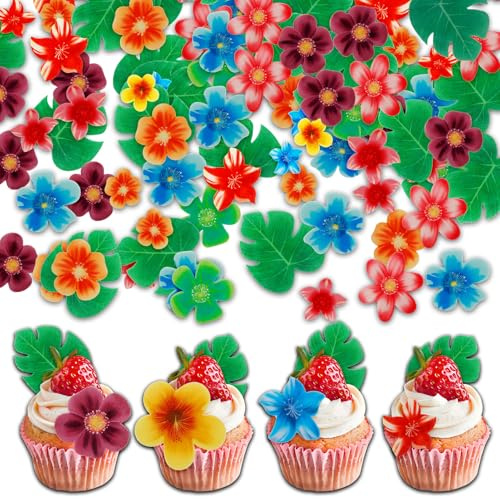 60 Pièces Comestibles pour Gâteau, Fleurs et Feuilles Hawaii, Parfait pour Décorer les Gâteaux et les Cupcakes, Décoration Gateau Comestible en Papier de Riz, Pour Jungle d'anniversaire