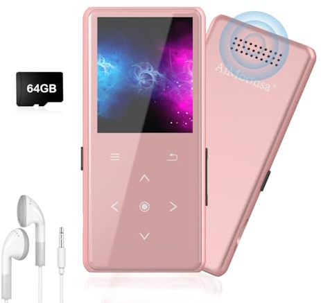 64GB MP3 Player with Bluetooth 5.2, AiMoonsa Music Player with Built-in HD Speaker, FM Radio, Voice Recorder, HiFi Sound, E-Book, Earphones Included