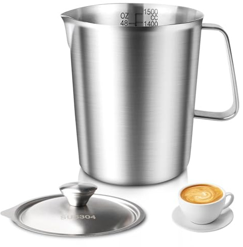 Gobelet doseur en acier inoxydable 304-1500 ml avec couvercle - Avec poignée et graduation - Passe au lave-vaisselle - Verre doseur robuste - 1,5 L - Pour cuisine, pâtisserie, lait, liquides
