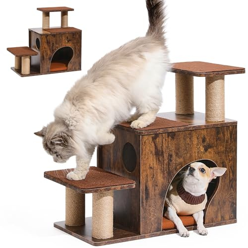 FUKUMARU 3-in-1 Pet Stairs, Retro-style Dog Steps for Cats and Small Dogs, Wooden Cat Stairs for High Bed with Scratching Post, Dog Ramp for Couch with Cat Condo Cave, Easy to Clean & Aesthetic Design