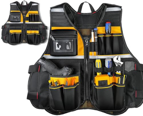 Tool Vest For Men - Woodworker Jacket, Tool Belt Suspenders, Ultra Anti-Wear Adjustable Work Vest,Strong Oxford Fabric Vests, Reflective Tools Heavy Duty Construction Carpenter Organizer, Professiona