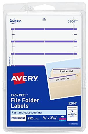 Avery File Folder Labels on 4 x 6 Sheets, Easy Peel, White/Purple, Print or Write, 2/3 x 3-7/16, 252 Labels (5204)