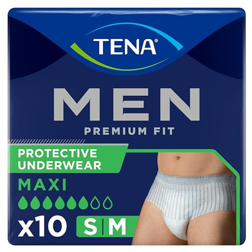 TENA Men Premium Fit Protective Underwear Maxi, S/M (10 Count) | Incontinence Pants for Men with Very Heavy Bladder Weakness, Triple Protection Against Leaks, Odour & Moisture, Discreet Fit