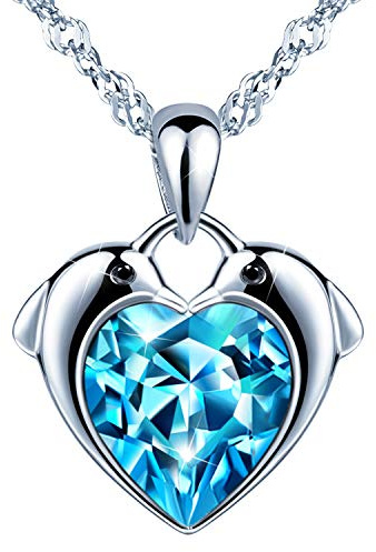 Unendlich U Collier femme fille, collier en 925 argent sterling, collier pendentif de cœur, deux dauphins mignons orné le zircon bleu