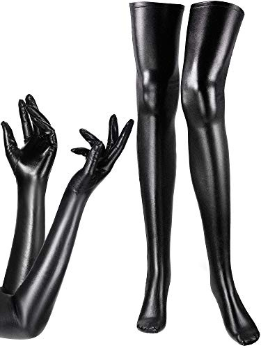 SATINIOR Women's Costume Set Elastic Spandex Shiny Wet Long Gloves and Wet Look Thigh High Stockings