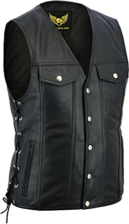 Leatherick Gilet de motard en cuir véritable unisexe de style denim avec lacets latéraux et boutons chromés