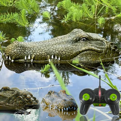 Akargol 2.4 GHz Remote Control Alligator Head Boat RC Boats - Large Resin Decoy and Floating Crocodile Head Toy Rechargeable Battery Prank Toys Remote Controlled Boat Lake & Pool
