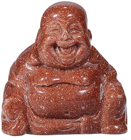 mookaitedecor Gold Sandstone Happy Laughing Crystal Buddha Statue Small Ornament for Home, Mini Buddhism Gift Carved Buddha Figure Good Luck Charm Pocket Stone Table Desk Home Decoration 1.5 inch
