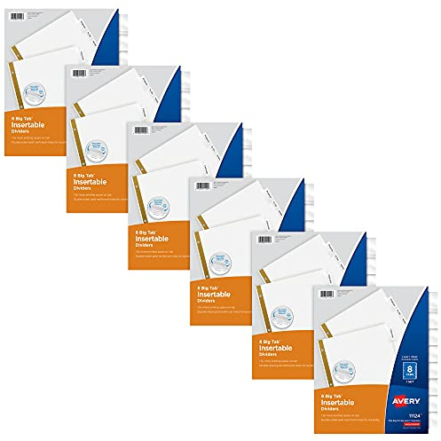 Avery Big Tab Insertable Dividers for 3 Ring Binders, 8-Tab Sets, White Paper, Clear Tabs, 6 Binder Divider Sets (41124)