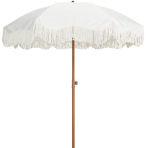 AMMSUN Boho Fringe Umbrella Outdoor Patio, 6.5ft UPF50+ Picnic Umbrella with Tassels with Steel Pole and Push Button Tilt, Antique White