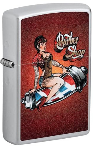 Zippo Windproof Lighter, Barber Shop Pin-Up, Satin Chrome, Colour Image, Refillable, Reusable, Windproof Design, Gift Box, Made in USA