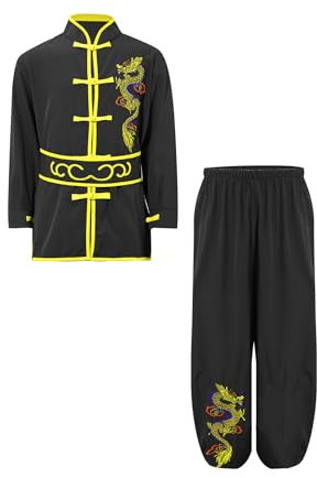 HULIJA Kinder Jungen Chinesisches Traditionelles Wushu Anzug Langarm Kung Fu Oberteil + Lang Hose + Gürtel Kampfkunst-Outfits Schwarz 122-128