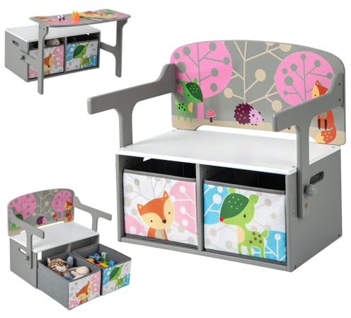 Maxmass 3-in-1 Kids Table and Chair Set, Convertible Toddlers Bench Storage Chest with 2 Removable Fabric Bins, Wooden Toy Storage Organizer Toy Box for Children Room, Playroom, Daycare (Grey)