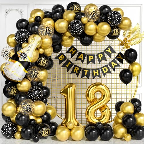 Decoraciones para 18º Cumpleaños, Kit Arco Globos Negros Dorados con Globos Foil Número 18, Globos Imprimidos, Banner Feliz Cumpleaños para Niños Niñas, Decoraciones Fiesta Negro Dorado para 18 Años