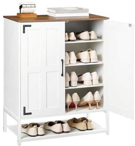 HOOBRO Schuhschrank, 6-stöckiges Schuhregal, Landhausstil, mit verstellbaren Ablagen, freistehend, Schuhaufbewahrung, für Flur, Schlafzimmer, Garderobe, Weiß und Walnussbraun EWH44SC01
