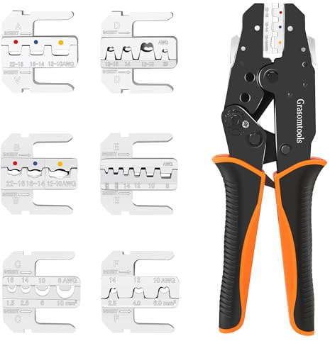 Crimpzange Set, Ratsche Kabelzange Werkzeug Kit, Elektrische Terminal Crimper mit 6 Köpfen für Schnellwechsel, Schrumpfschlauch/Cable Crimp/Solarenergieklemmen
