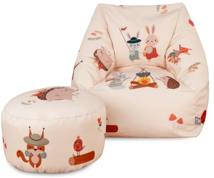 rucomfy Kids Beanbag Toddler Armchair Footstool Bundle - Forest Friends | Snuggle Chair Kids Armchair Bean Bag Seat Pre-Filled - Childrens Bedroom & Garden Furniture for Boys and Girls - 50x46x48cm