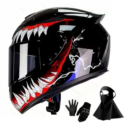 Casco Integral de Motocicleta 2025 con Visera Solar Negra para Adultos, Casco de Moto de Carreras de Calle con Guantes Y MáScara, Aprobado por El Dot(KK2,M(57-58cm))