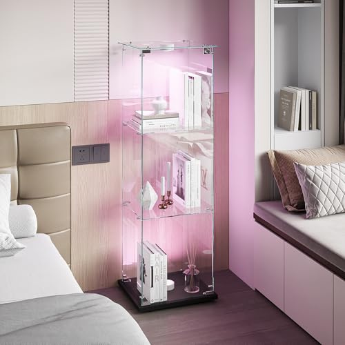 YNYHTER glasvitrinskåp stående vitrinskåp med LED-belysning och glasdörrar glas vitrinskåp samlarvitrinskåp glas display skåp för vardagsrum sovrum kontor (svart, 1 dörrar, 3 nivåer – LED)