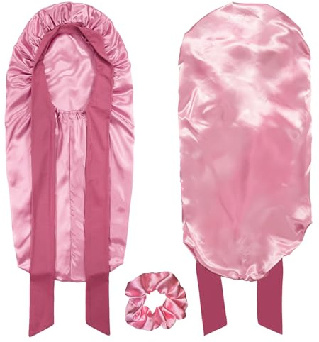 YAWYO Bonnet de Nuit Long en Soie, Bonnet Satiné avec Bande Élastique et Chouchou pour Cheveux Longs, Lisses ou Bouclés pour Femmes et Filles (Rose Clair)