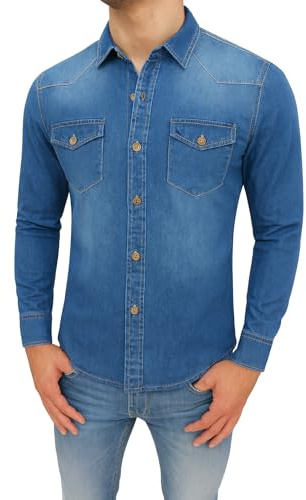 Evoga Camicia di Jeans Uomo Slim Fit Blu Denim Aderente Casual (IT, Testo, M, Regular, Regular, Jeans)