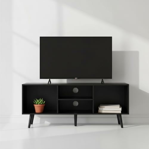 INDE MOBLEKIT | Mueble Auxiliar 4 Compartimentos 110x29x47 cm, Mueble TV Negro de Madera con Estantes, Estantería Moderna para Salón, Recibidor o Almacenamiento Hogar