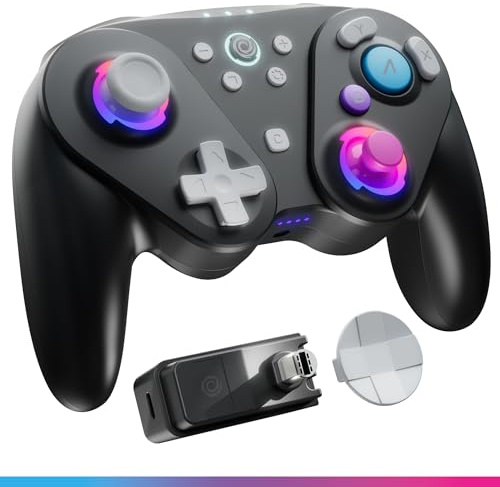 Oniverse Kabelloser Controller für Switch/Switch 2/Gamecube/PC/Mobil, 13 Stunden Akkulaufzeit, Hall-Effekt-Joysticks und Trigger, Gyroskop, Makrotasten, Turbo-Modus, 4 LED-Modi – Foenix (Schwarz)