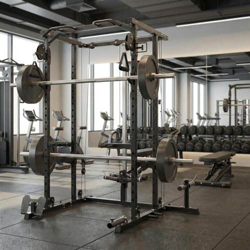 GAOMON 2000LBS Steel Frame Power Cage – Heavy-Duty Squat Rack with Dual Pulley Cable Crossover, Home Gym Strength Training Equipment