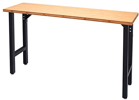 Goplus 65 Bamboo Top Work Bench, Heavy-Duty Steel Garage Workbench Triangle Reinforcement Work Table Hardwood Workstation, Easy Assembly