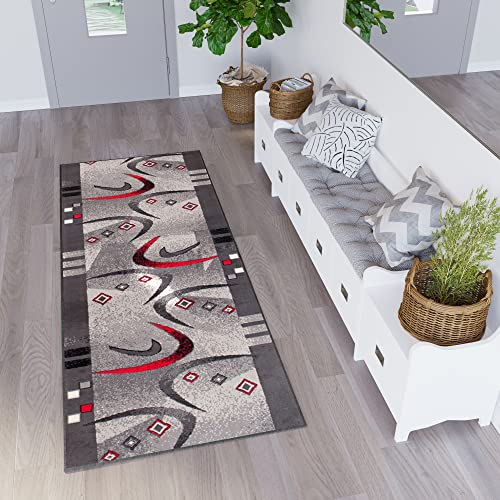 TAPISO Dream Läufer Teppich Meterware Flur Brücke Modern Streifen Bumerang Grau Rot Schwarz Schlafzimmer Wohnzimmer ÖKOTEX 60 x 120 cm